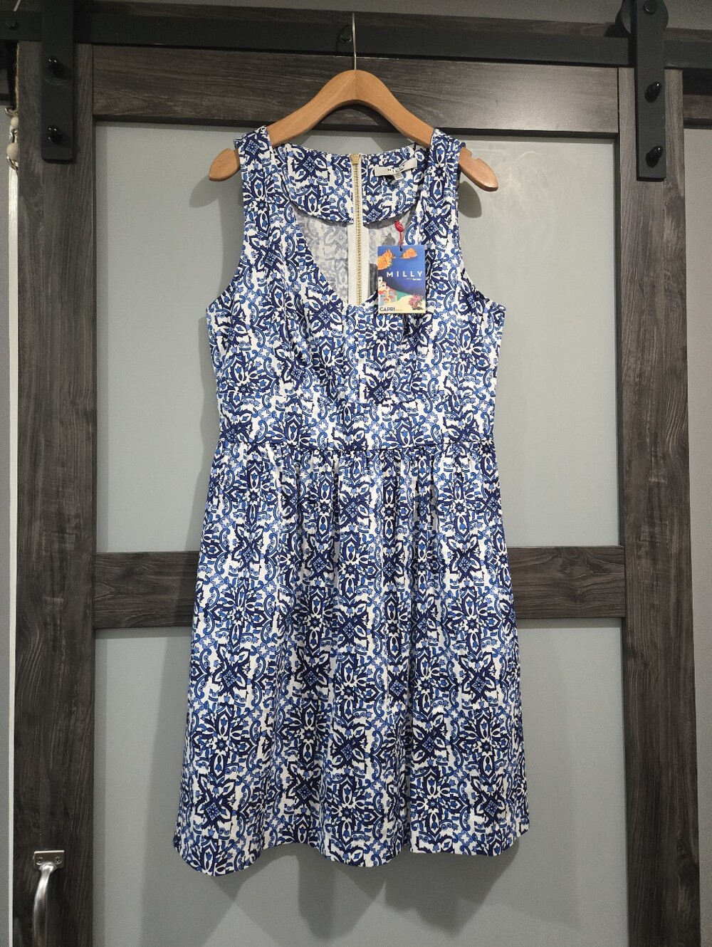NWT Milly for Design Nation Blue White Tile Print Fit And Flare Dress 10